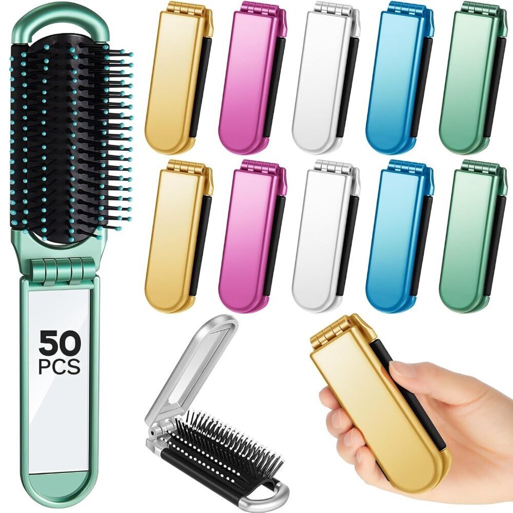 Folding Travel Hair Brush Plastic Handle Compact Portable with Mirror 50 Pack
